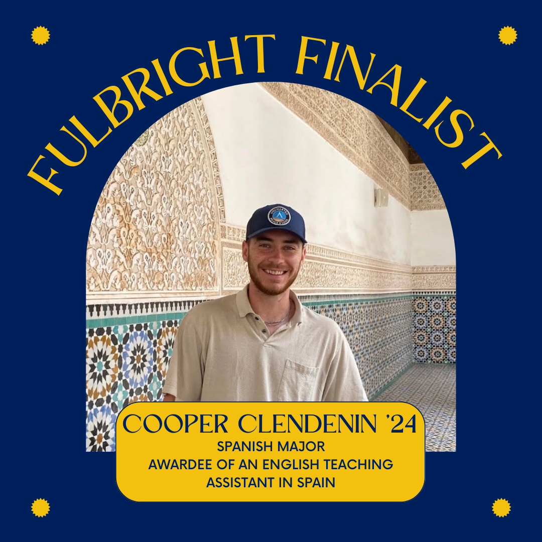 A young man in a baseball cap stands smiling in front of patterned tiles, framed by a graphic announcing him as a Fulbright Finalist and English Teaching Assistant awardee in Spain.