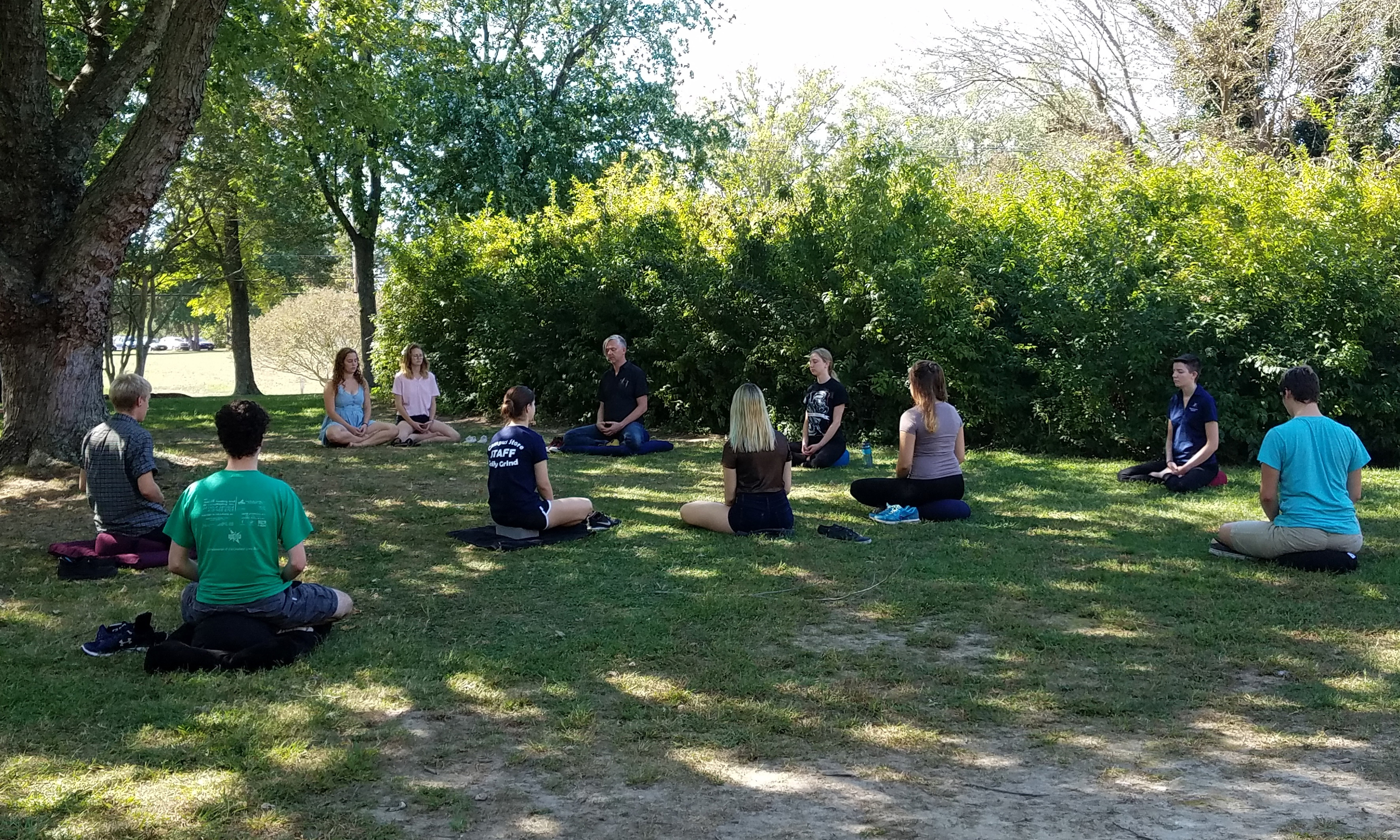 Students meditating outside