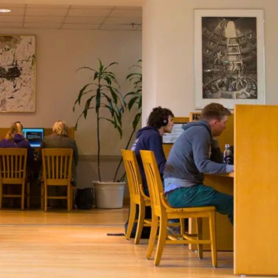 Several people sit at wooden desks using computers in a library or study area, with potted plants and framed artwork on the walls.