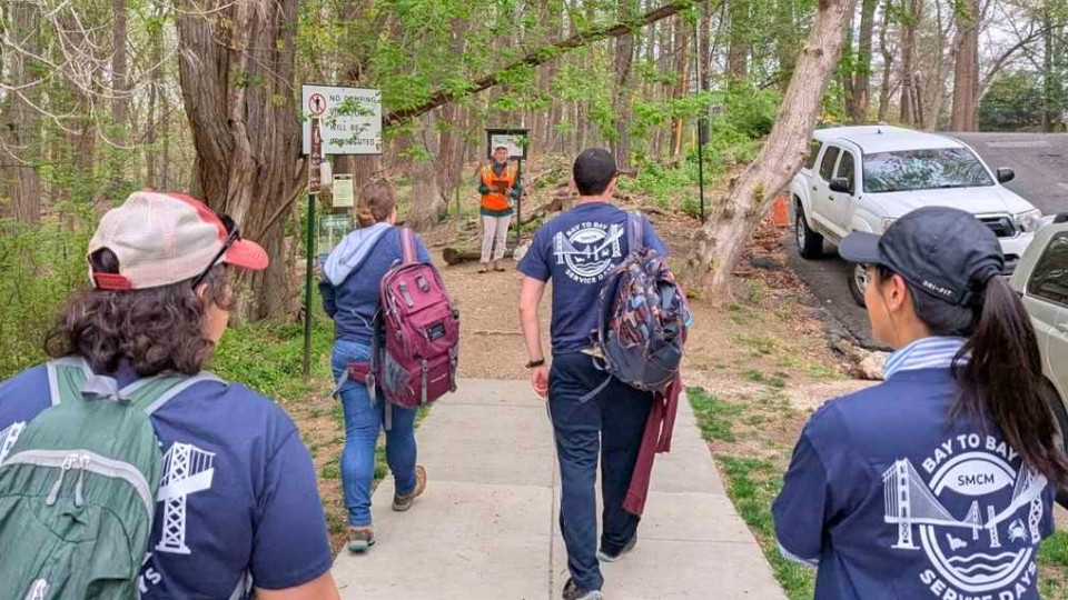 A group of SMCM alumni with backpacks and matching Bay to Bay Service Day shirts walk on a wooded sidewalk toward a man in an orange vest near parked vehicles.