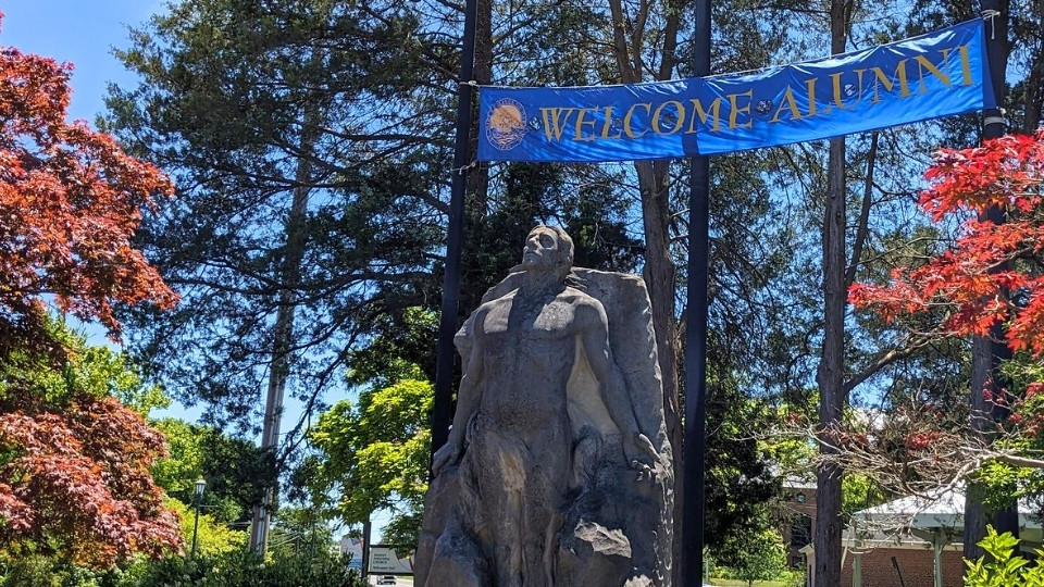 Alumni Weekend Naked Man statue welcomes alumni back to campus