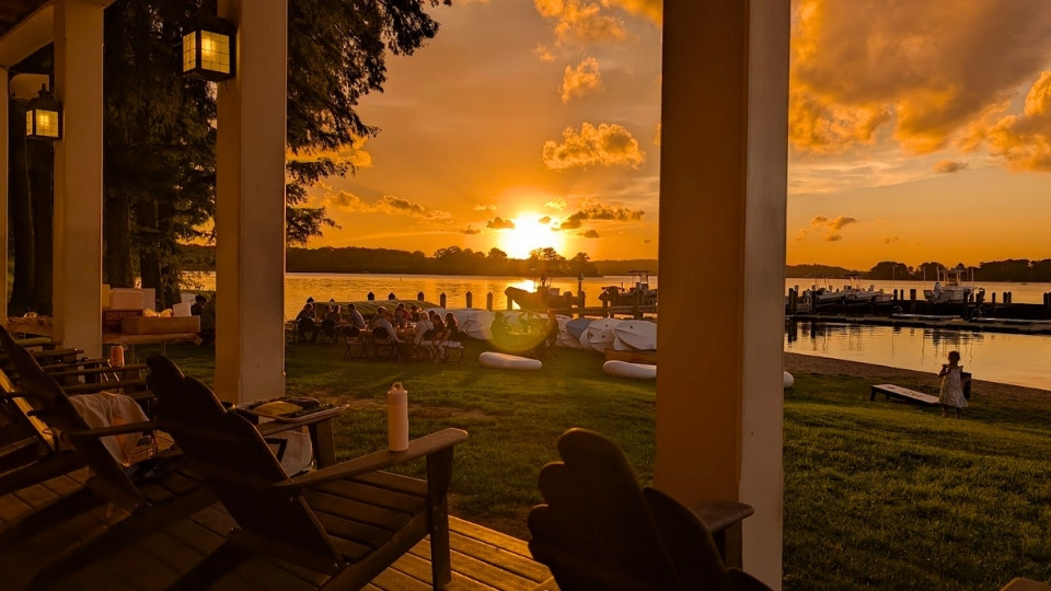 Dinner on the River Center shoreline at sunset