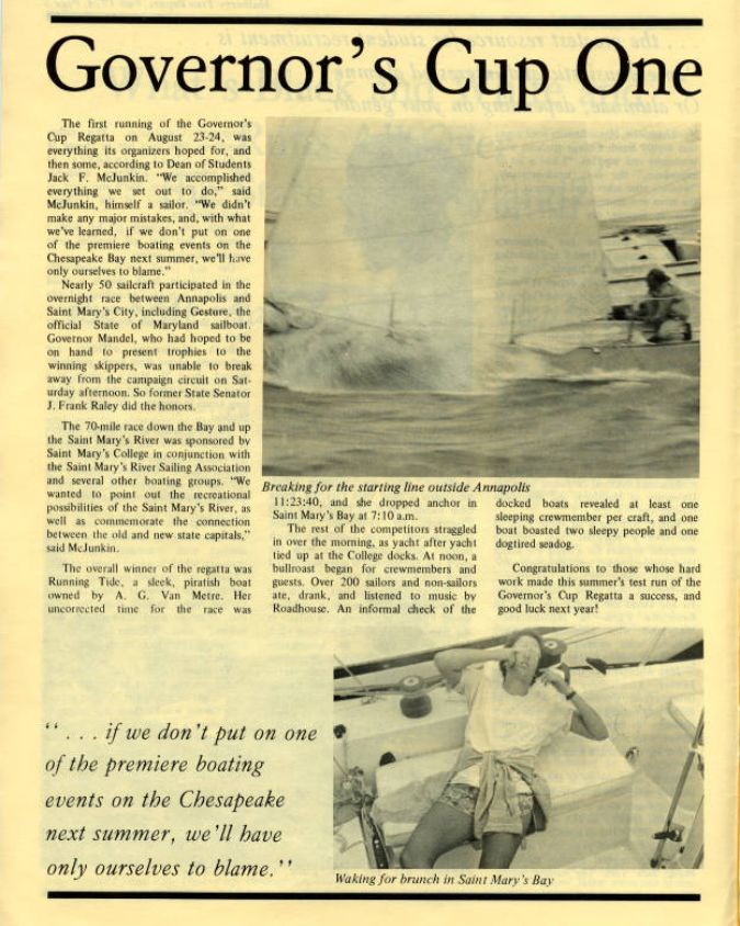 A newspaper page titled "Governor's Cup One" features articles about a boating event, with two blurred action photos of boats and a small photo of people seated outdoors.