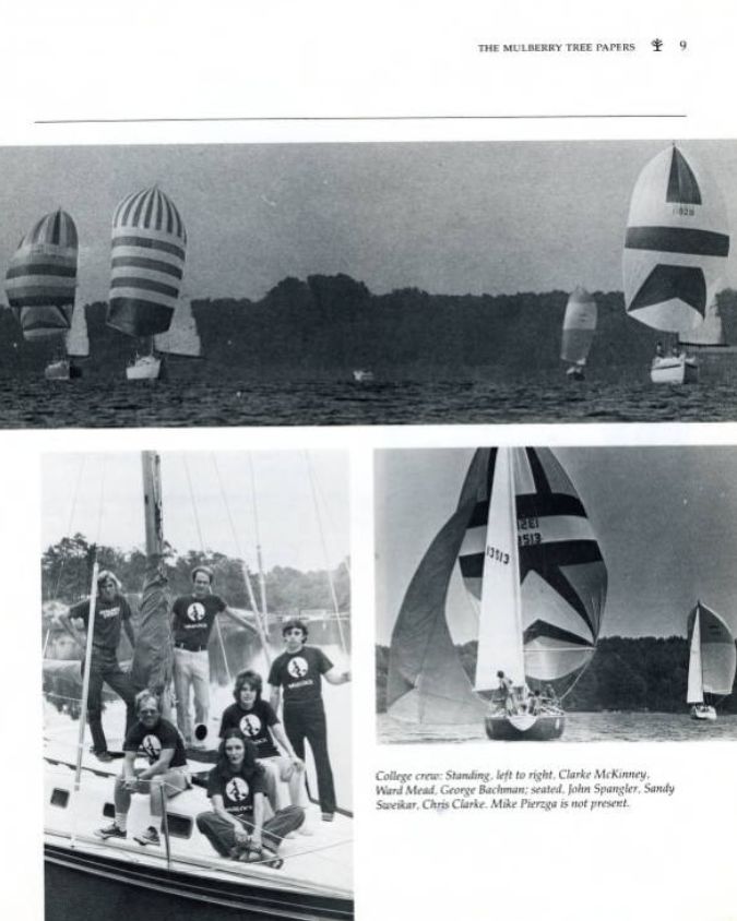 Three black-and-white photos show sailboats with striped sails on the water and a group of people wearing matching shirts posing on a boat.