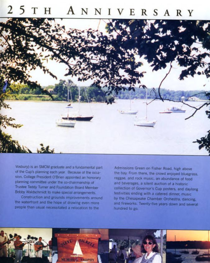 Sailboats are anchored on a calm bay with trees lining the shore; smaller photos at the bottom show people, a trophy, and musical performances at an event.