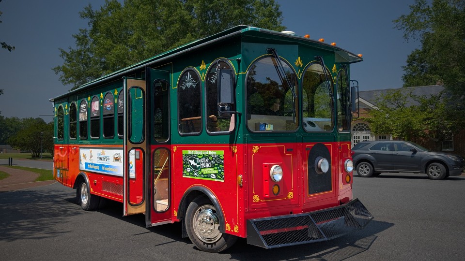 The Lexington Park Trolley on SMCM campus outside SMCM