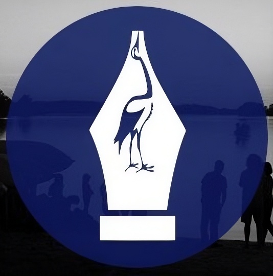 A white heron inside a fountain pen nib icon on a blue circle, with silhouetted people and a lake in the grayscale background.