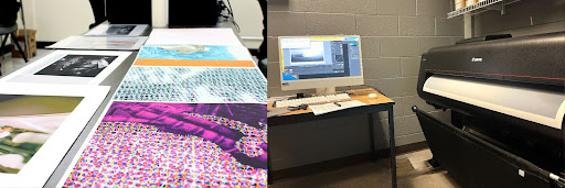 A table with printed photographs is shown next to a computer workstation and a large format Canon printer in a gray-walled room.