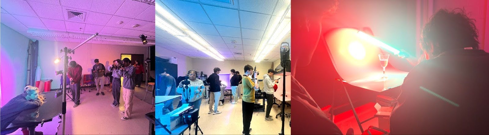 Three photos show groups of people in a classroom setting, setting up lighting and cameras for a photography or film project, with colored lights and various equipment visible.