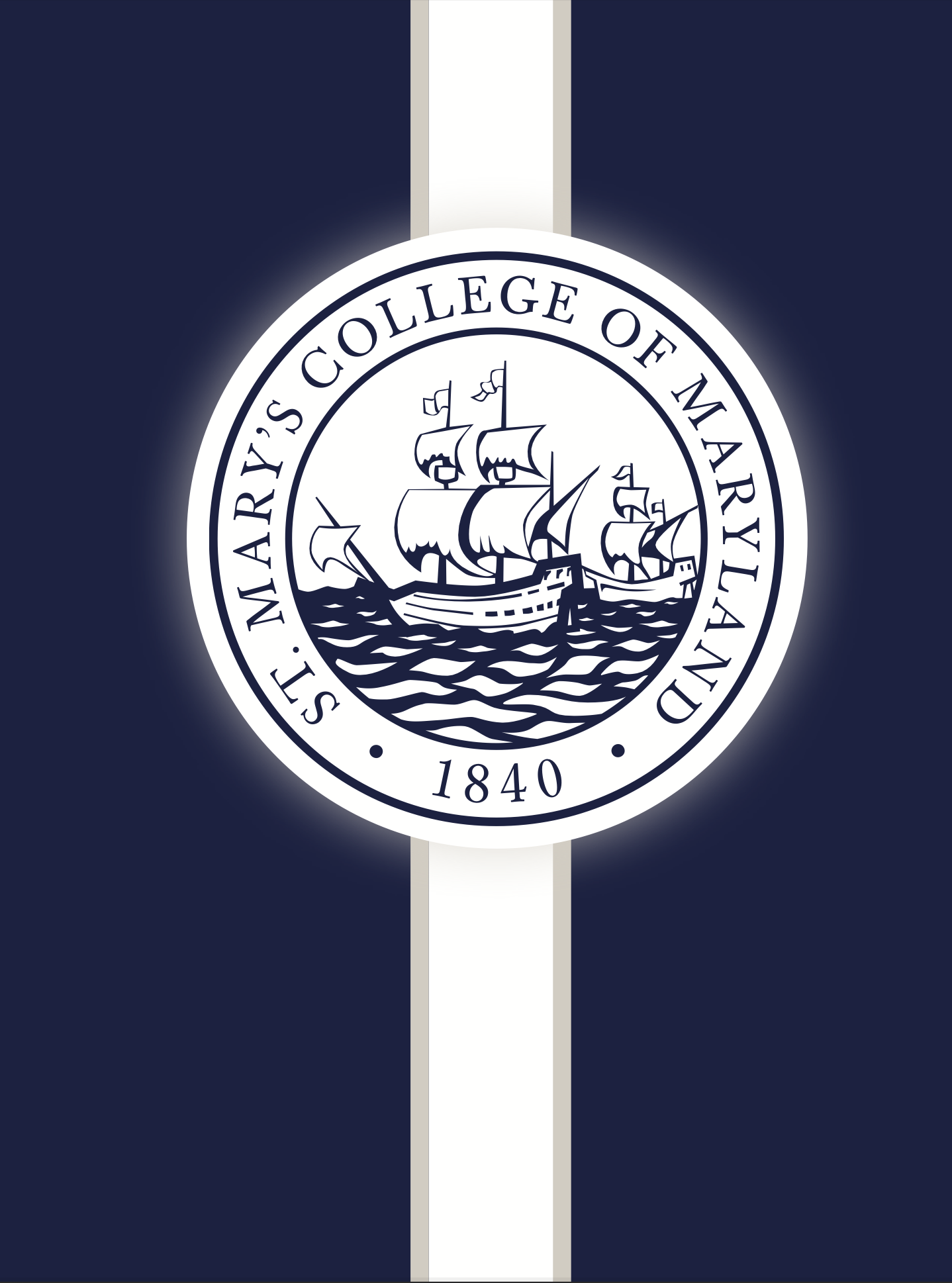 St. Mary’s College of Maryland seal featuring a ship and the year 1840, centered on a navy blue and white striped background.
