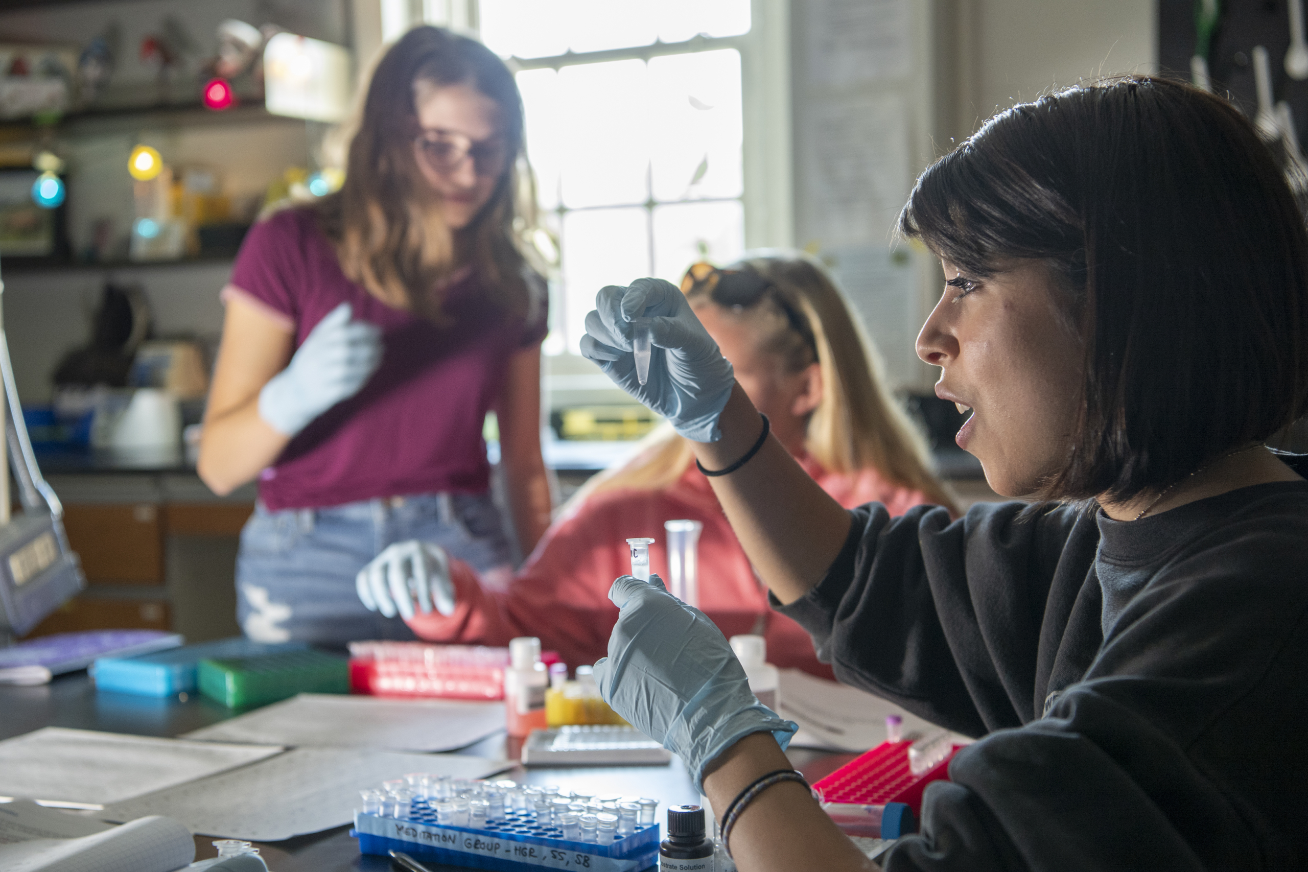44458770620_04fb5178d3_o Three people in a science lab wear gloves while handling test tubes and lab equipment; one person focuses on a vial while others work in the background.