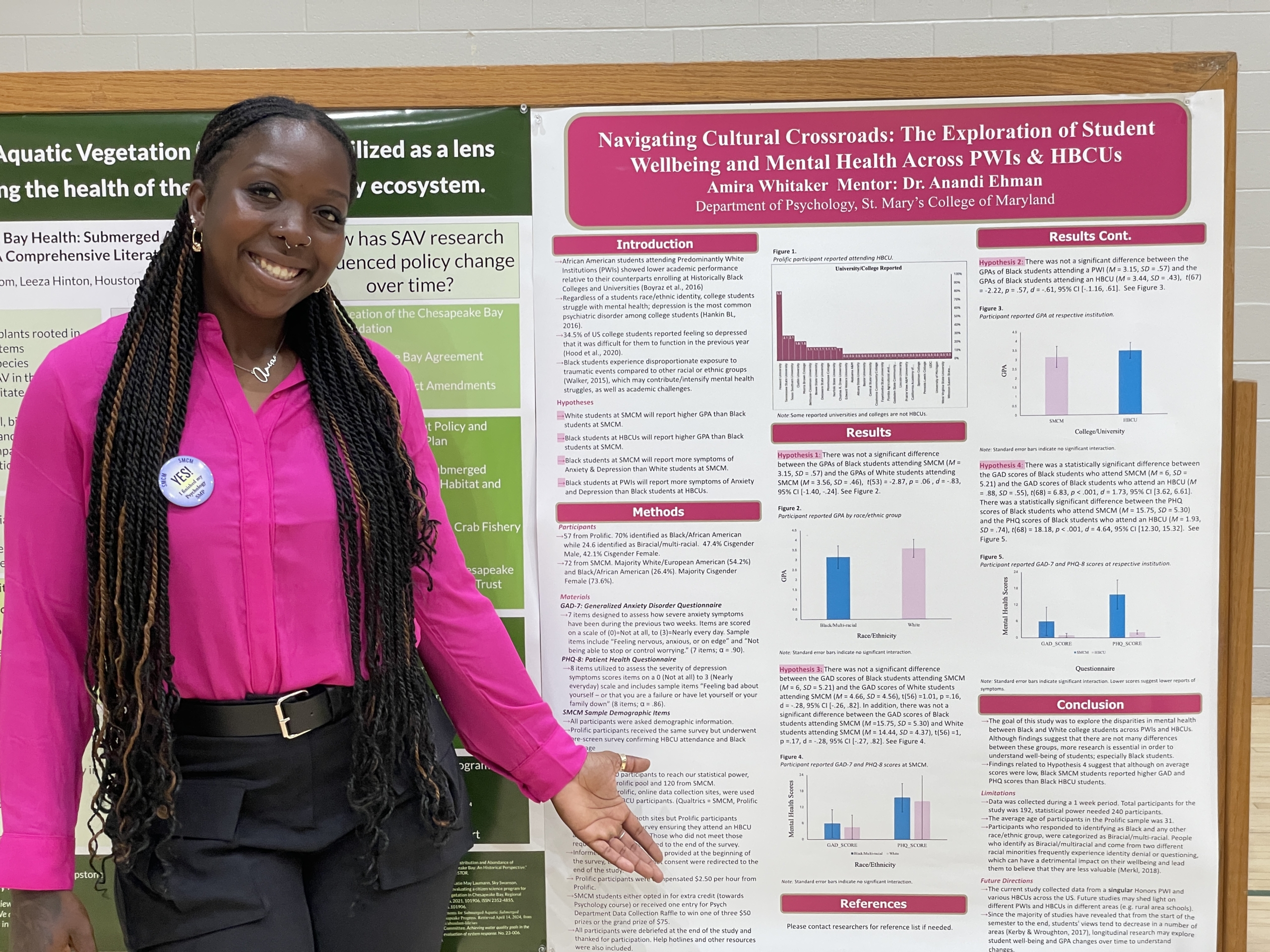A woman stands next to a research poster titled "Navigating Cultural Crossroads: The Exploration of Student Wellbeing and Mental Health across PWIs & HBCUs," presenting study results and charts.