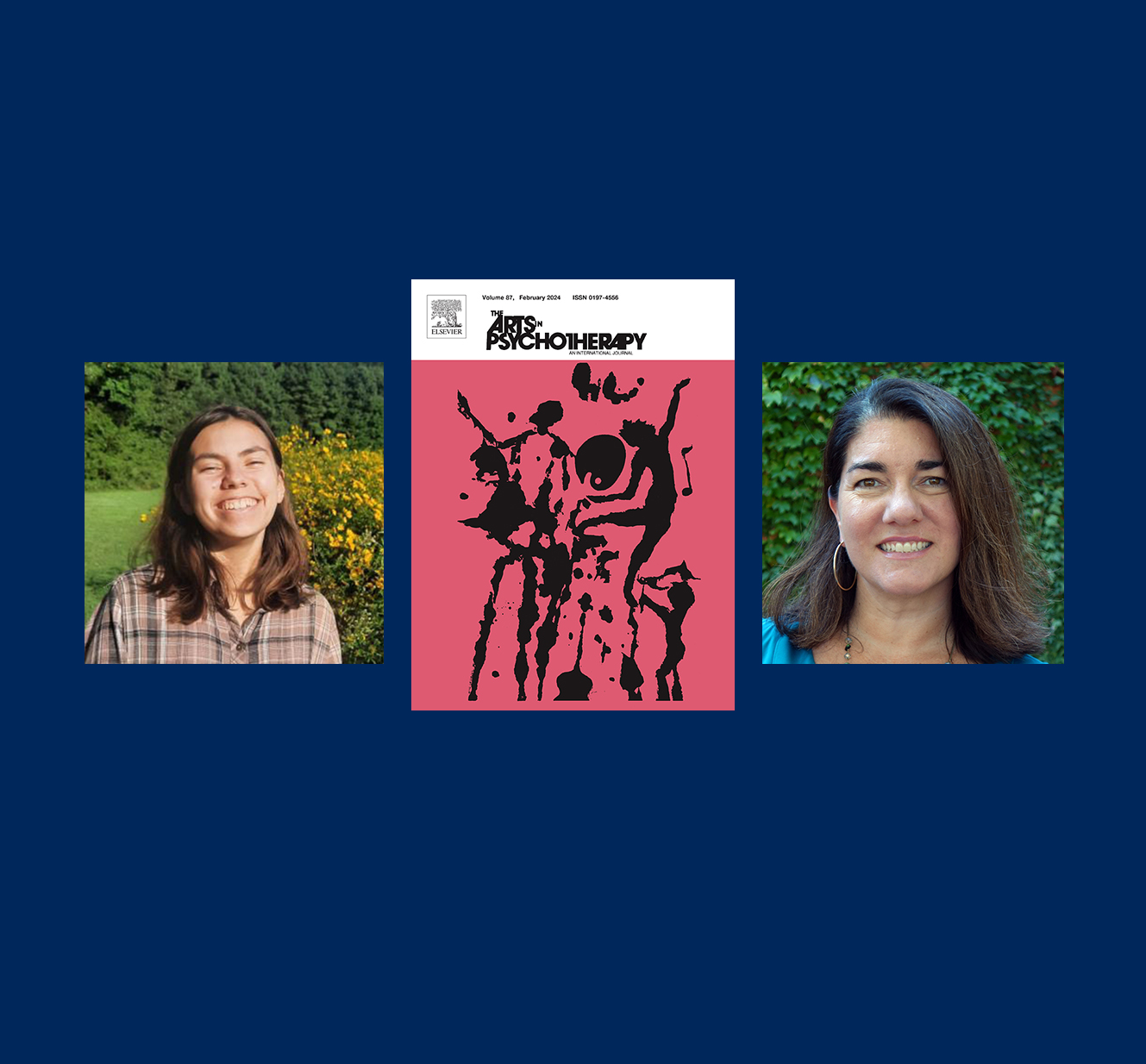 Two women are pictured on either side of an Art Psychotherapy journal cover featuring a silhouette illustration on a red background.