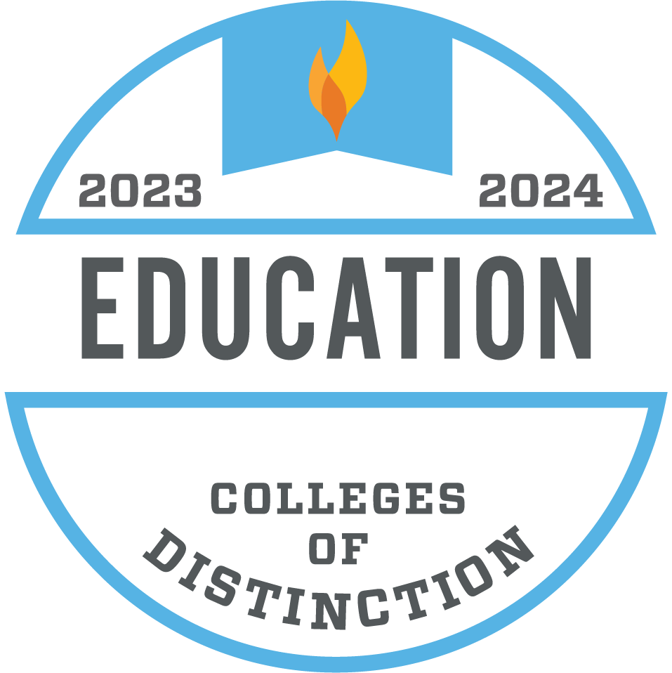 A circular badge reading "2023-2024 Education Colleges of Distinction" with a blue border and a flame icon at the top.