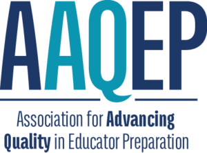 Logo with large letters “AAQEP” above the text “Association for Advancing Quality in Educator Preparation” in blue and teal on a light background.