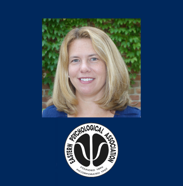 Professional headshot of a smiling person with blonde hair in front of a leafy background, set on a blue backdrop. Below, the Eastern Psychological Association logo is displayed.