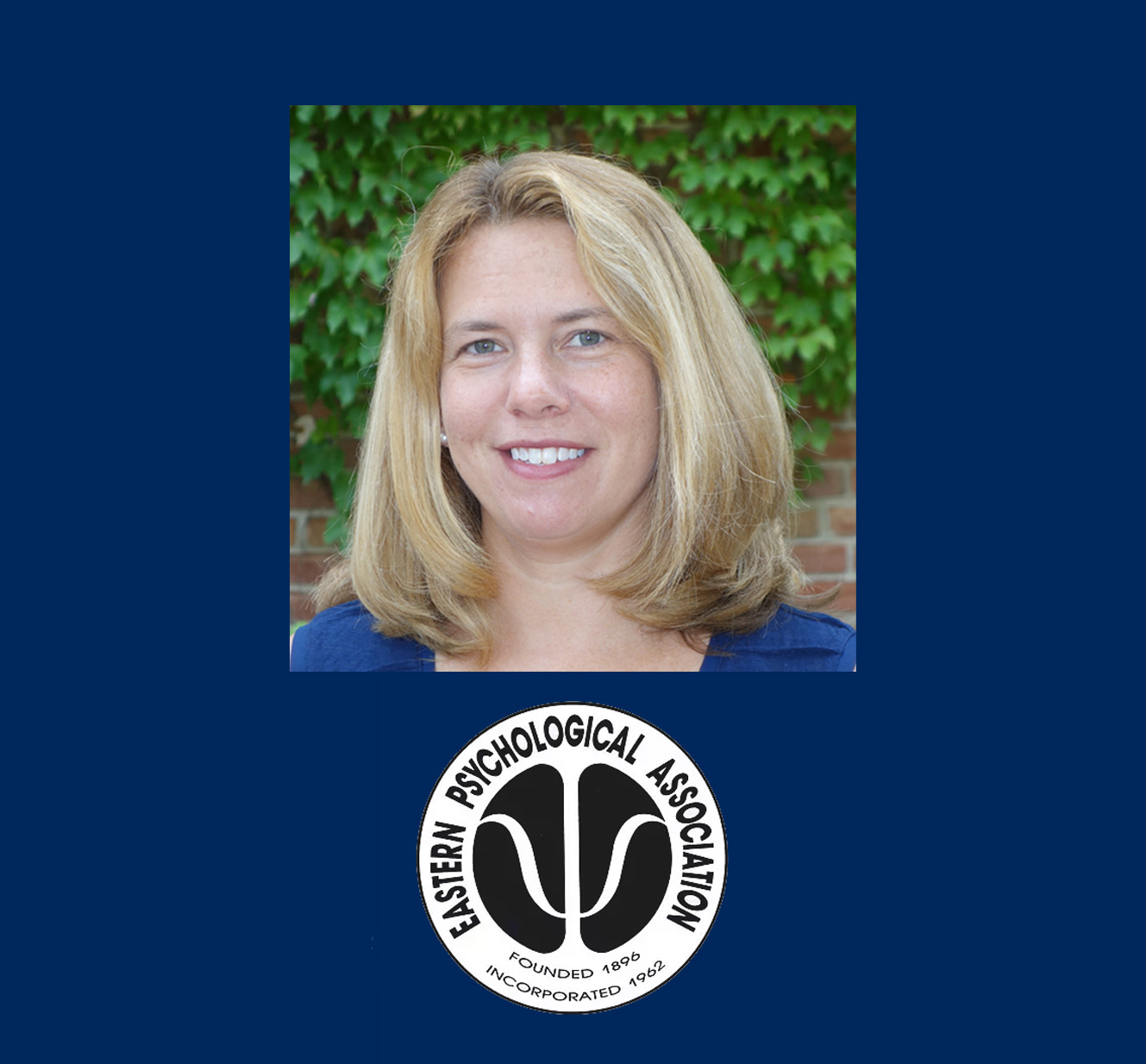Professional headshot of a smiling person with blonde hair in front of a leafy background, set on a blue backdrop. Below, the Eastern Psychological Association logo is displayed.