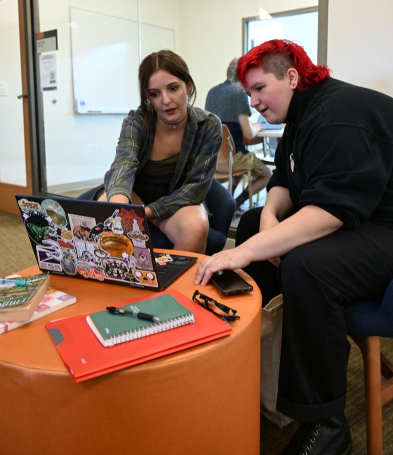 53959487915_f7dd59e65c_o Two people sit together looking at a laptop on an orange ottoman, surrounded by notebooks and papers, in a study or office setting.