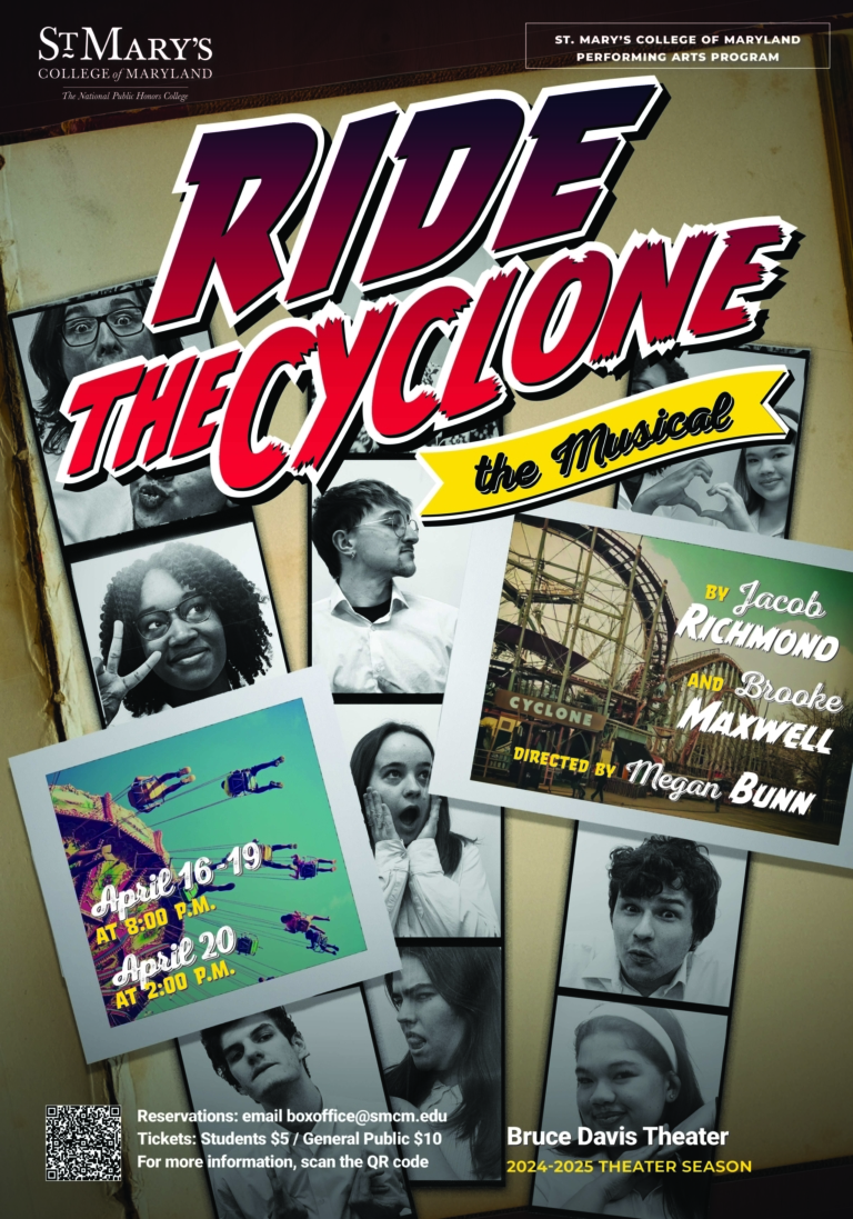 PAP-7-Ride-the-Cyclone_L5-2-dragged-scaled Poster for "Ride the Cyclone: The Musical" at St. Mary's College of Maryland, showing show dates and images of cast members with event and ticket information.