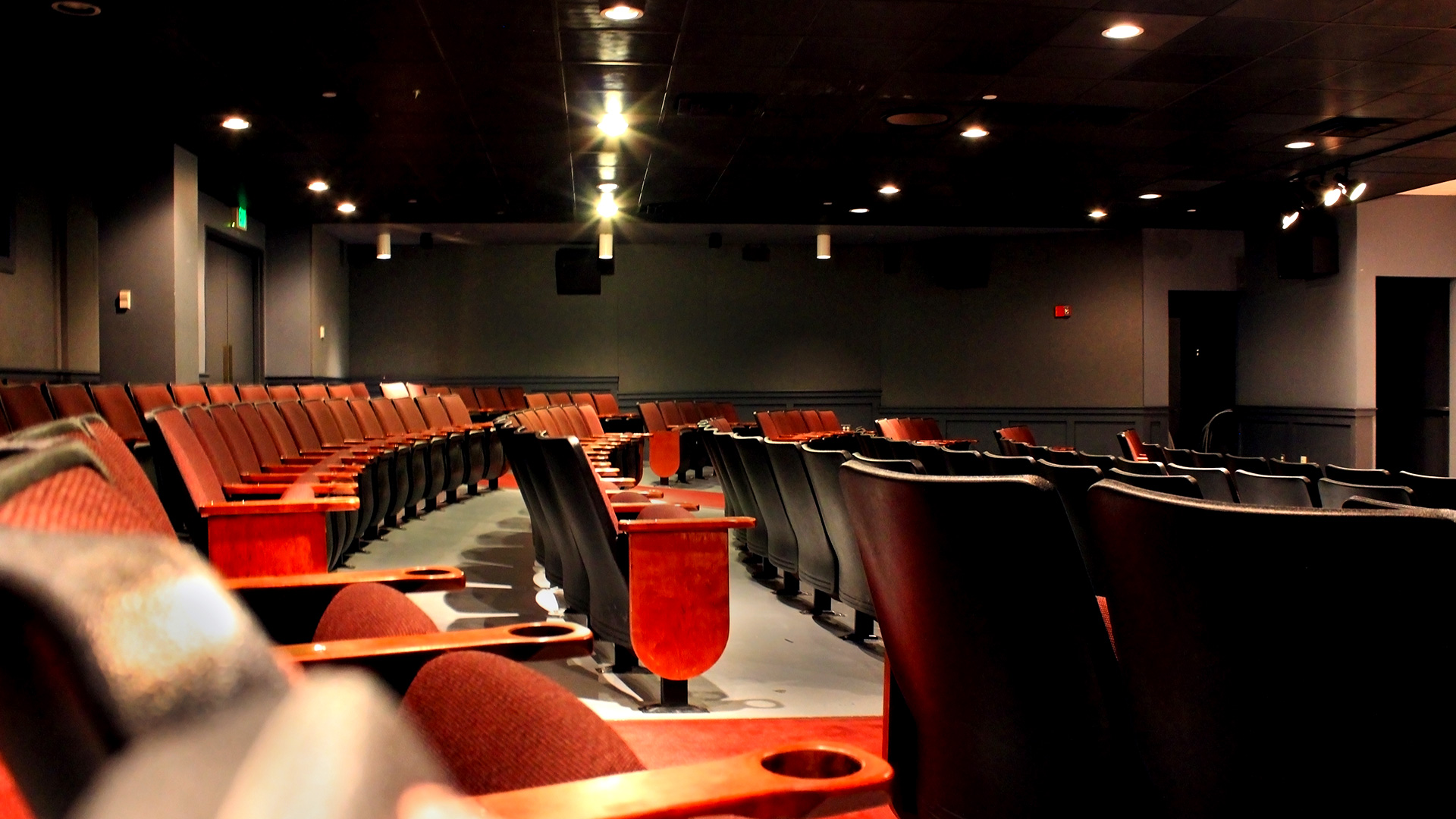 Rows of empty theater seats in a dimly lit auditorium with dark walls and ceiling.