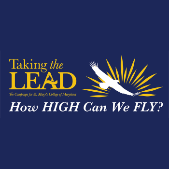 Taking the Lead campaign logo for St. Mary's College of Maryland with an eagle flying over yellow rays and the text How HIGH Can We FLY? on a navy background.