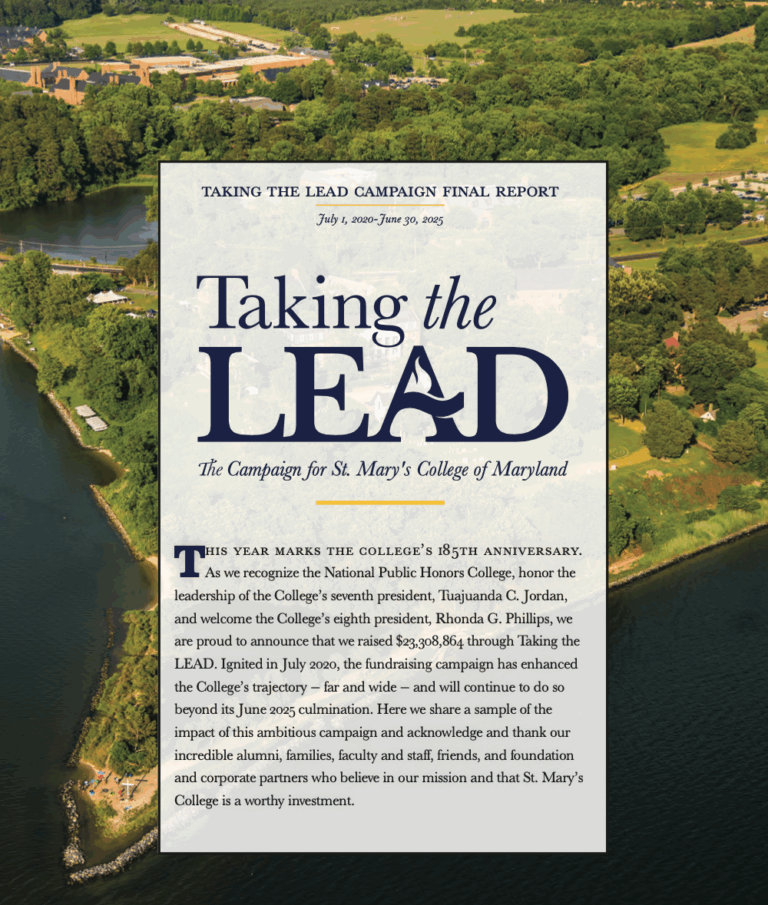 Aerial view of a college campus by a body of water with the cover text "Taking the LEAD: The Campaign for St. Mary's College of Maryland Final Report.