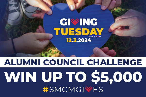 Four hands hold a blue heart-shaped sign reading "Giving Tuesday 12.3.2024." Text below announces an Alumni Council Challenge to win up to $5,000 with hashtag #SMCMGIVES.