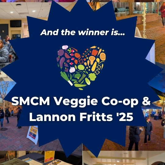 A blue starburst graphic announces 2024 SMCM Veggie Co-op & Lannon Fritts '25 as winners, with a heart-shaped veggie illustration and collage of event photos in the background.