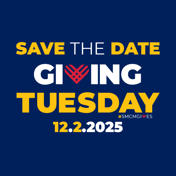 Save the Date: Giving Tuesday, December 2, 2025, with hashtag #SMCMGIVES on a blue background.