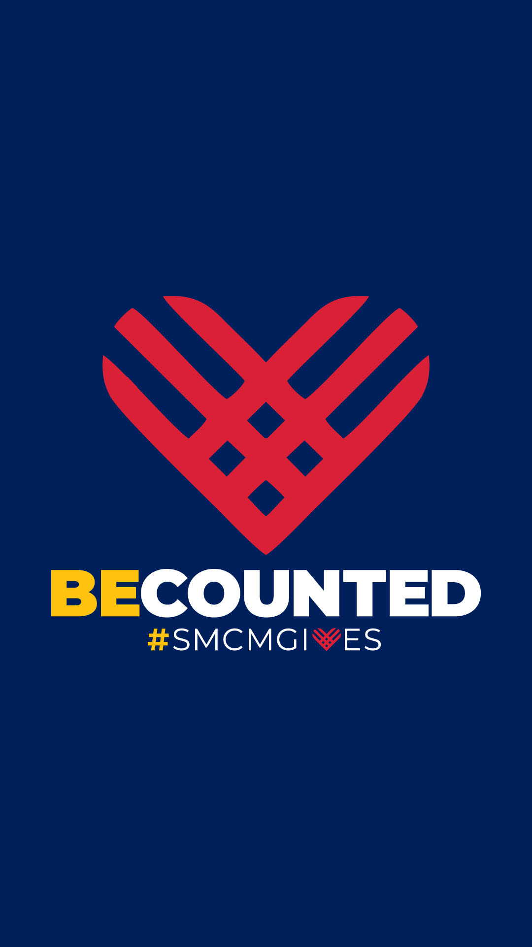 Red geometric heart above the words “BE COUNTED” and hashtag “#SMCMGIVES” on a dark blue background.