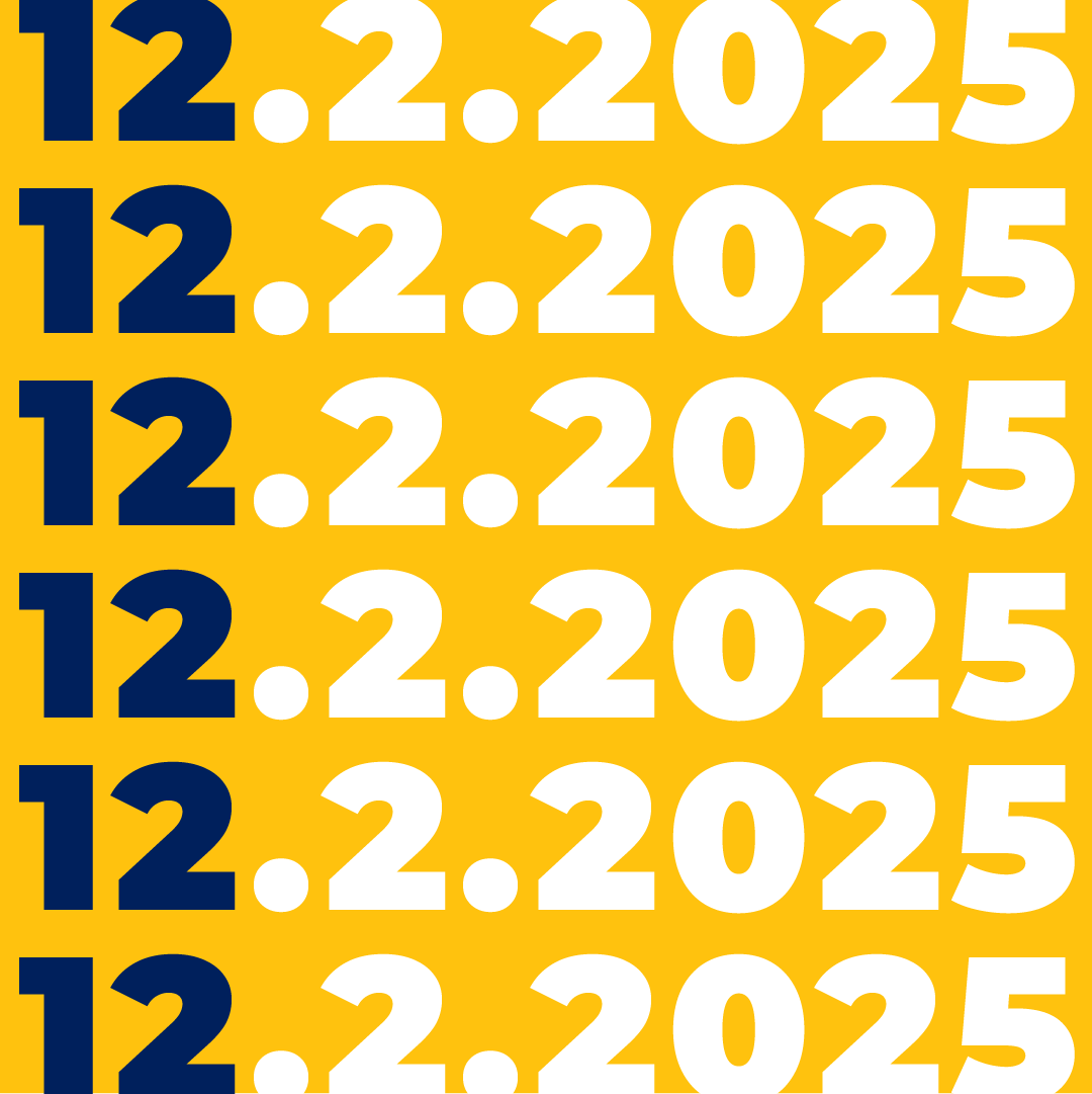 Rows of the date "12.2.2025" are repeated in large, bold blue and white text on a yellow background.