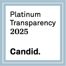 A white square badge with a light blue border reads “Platinum Transparency 2025 Candid.” in black text.