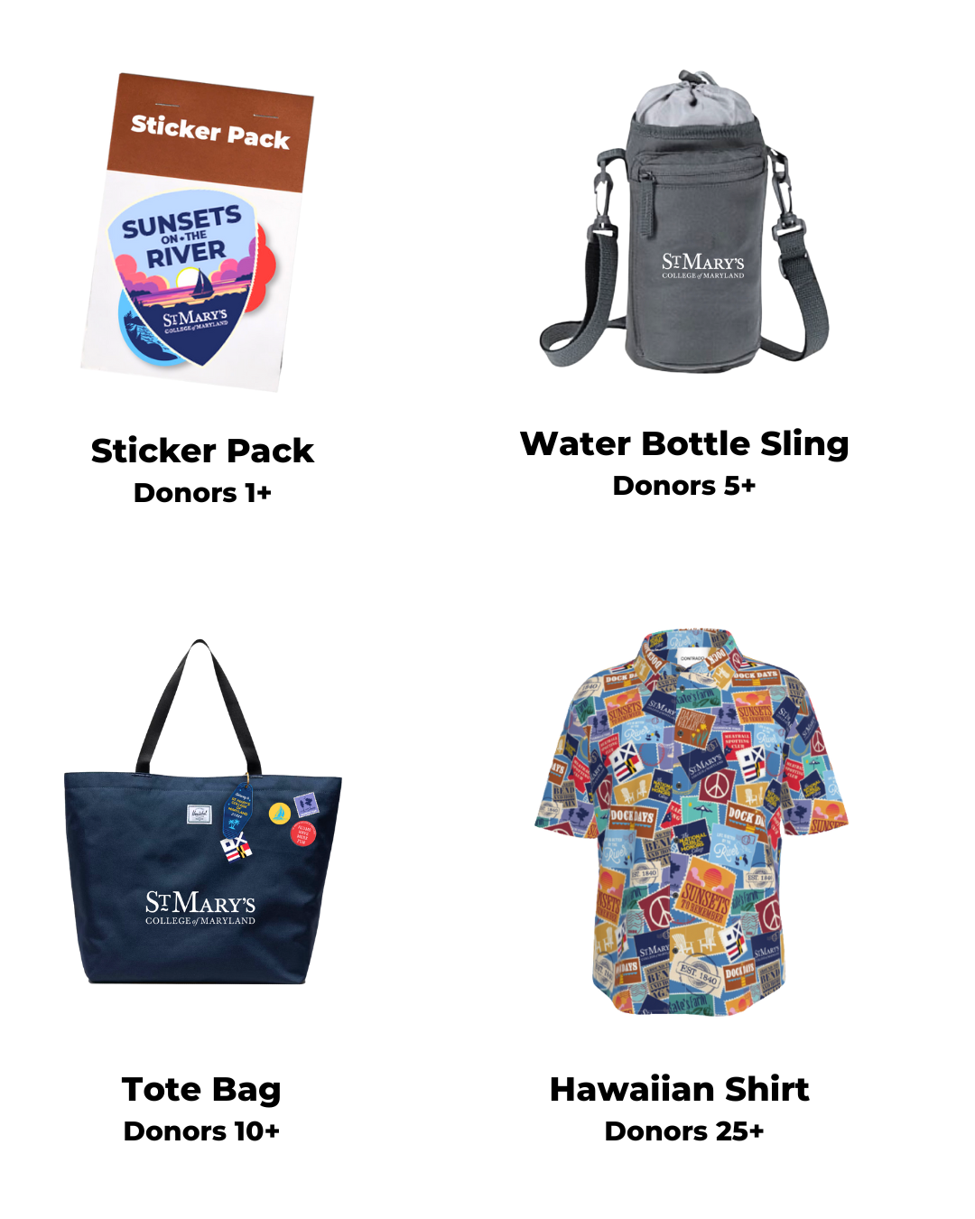 Four donor gifts displayed: a sticker pack (Donors 1+), a water bottle sling (Donors 5+), a tote bag (Donors 10+), and a Hawaiian shirt (Donors 25+), all St. Mary's themed.
