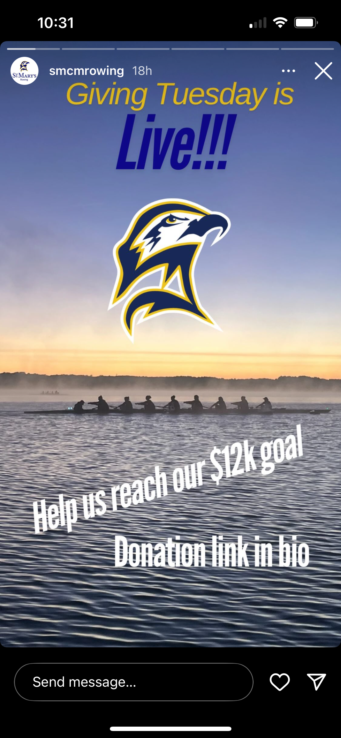 A rowing team practices on a misty lake at sunrise with a hawk logo and text promoting a $12k fundraising goal for Giving Tuesday.