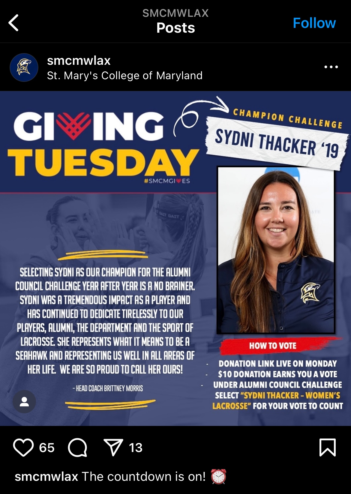 St. Mary's College of Maryland Instagram post features Sydni Thacker ’19 for the Champion Challenge, highlighting her impact in lacrosse, with Giving Tuesday donation voting details.
