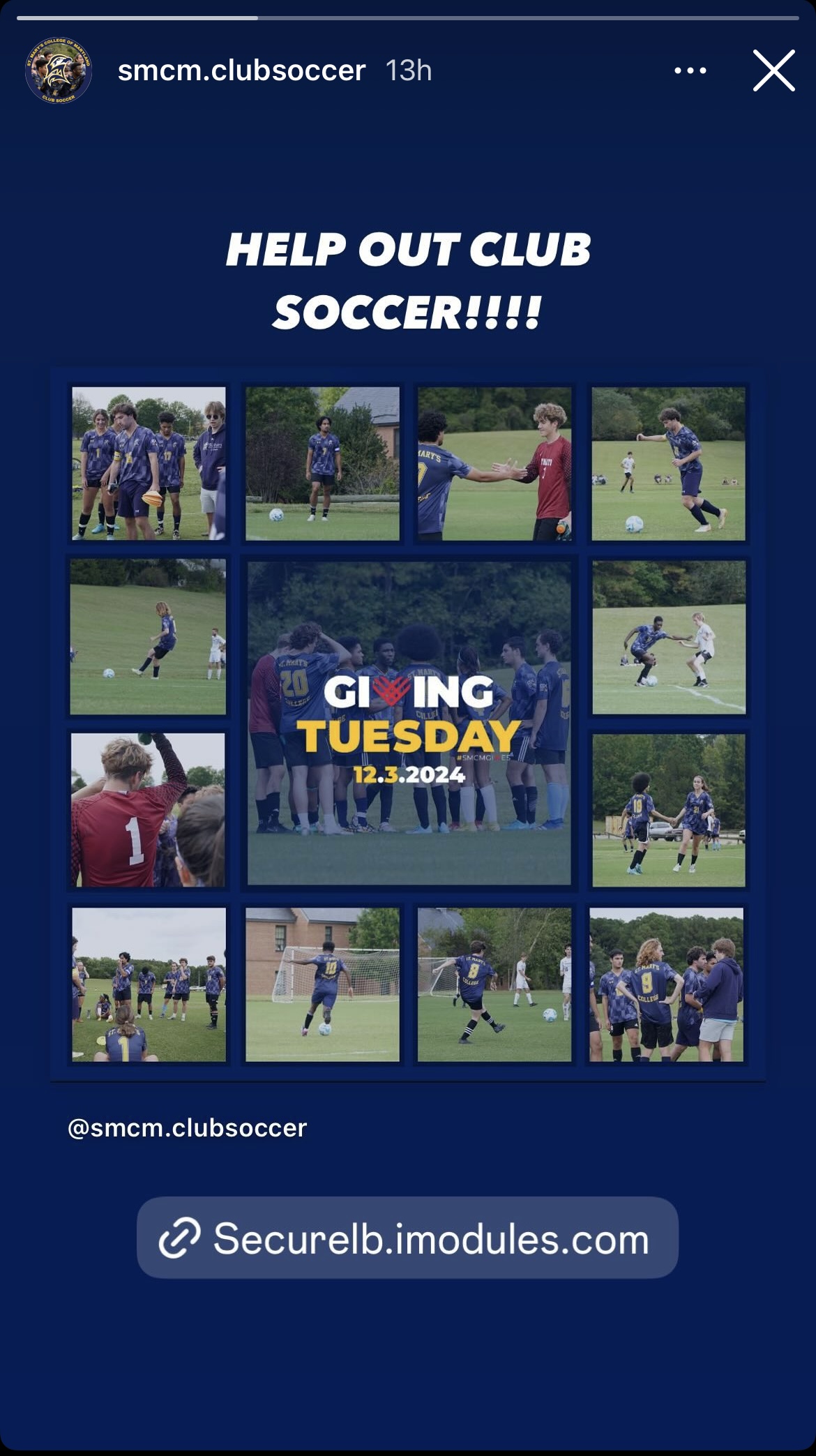 A collage of college soccer team photos surrounds a central graphic reading “Giving Tuesday 12.3.2024” with the message “Help out club soccer!!!!” at the top.