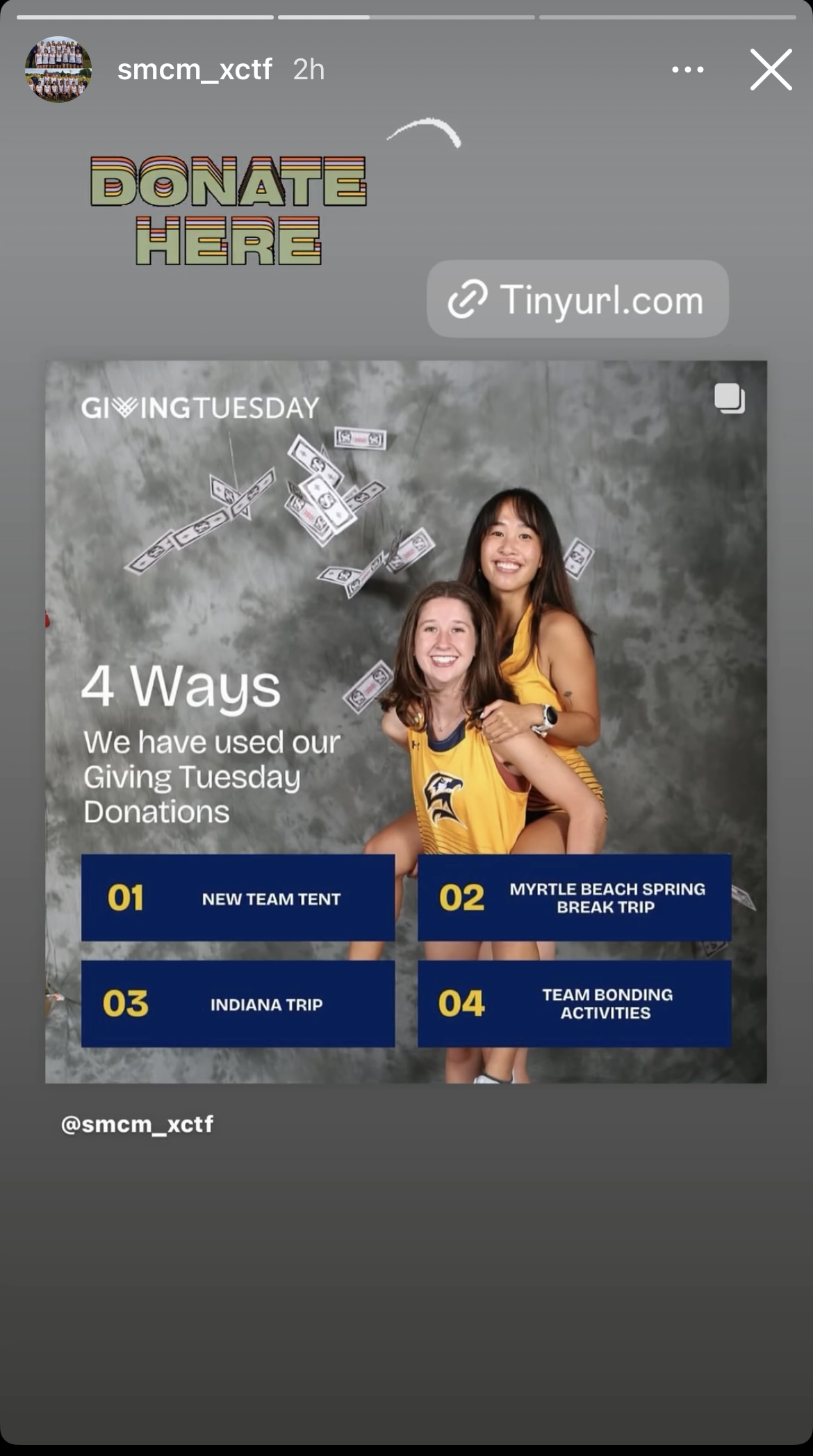 Two women in athletic uniforms stand smiling in front of a backdrop with illustrated money. The image lists four ways Giving Tuesday donations are used by the team.