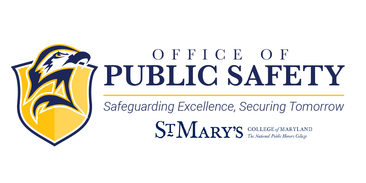 Logo for the Office of Public Safety at St. Mary's College of Maryland, featuring a stylized eagle and the slogan "Safeguarding Excellence, Securing Tomorrow.