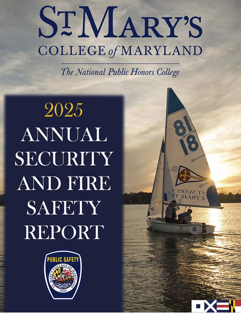 Cover of St. Mary’s College of Maryland 2025 Annual Security and Fire Safety Report, featuring a sailboat on a lake at sunset.