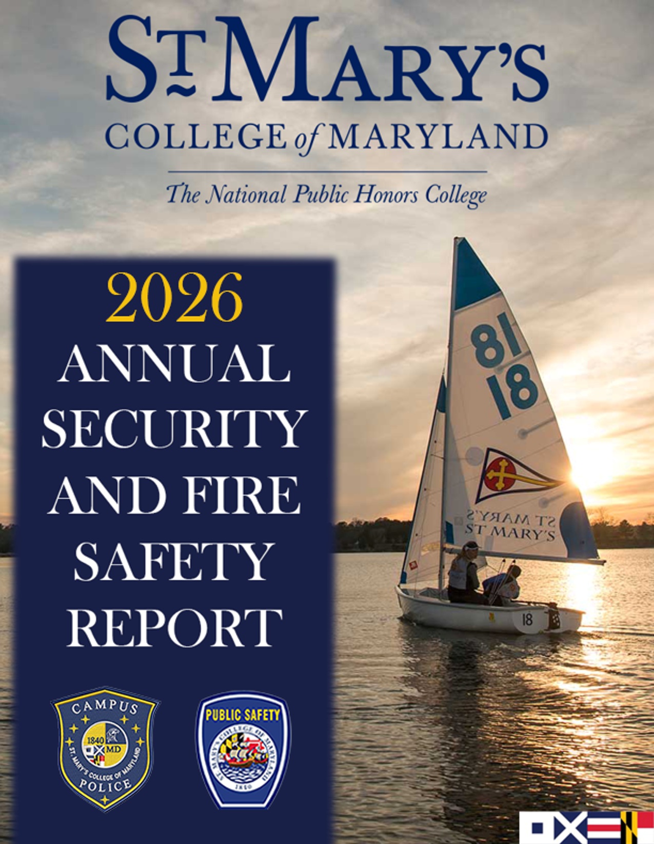 Cover of St. Mary’s College of Maryland 2026 Annual Security and Fire Safety Report, showing a sailboat on the water at sunset with campus and public safety logos.