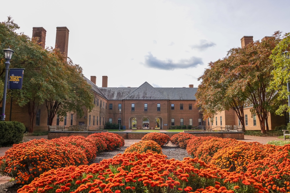 Brick academic building with arched entrance, flanked by trees and orange flowers in foreground, on a sunny day.