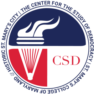 Logo for The Center for the Study of Democracy at St. Mary's College of Maryland, featuring a stylized flame on a navy background above and a red and white abstract design with the letters "CSD" below.