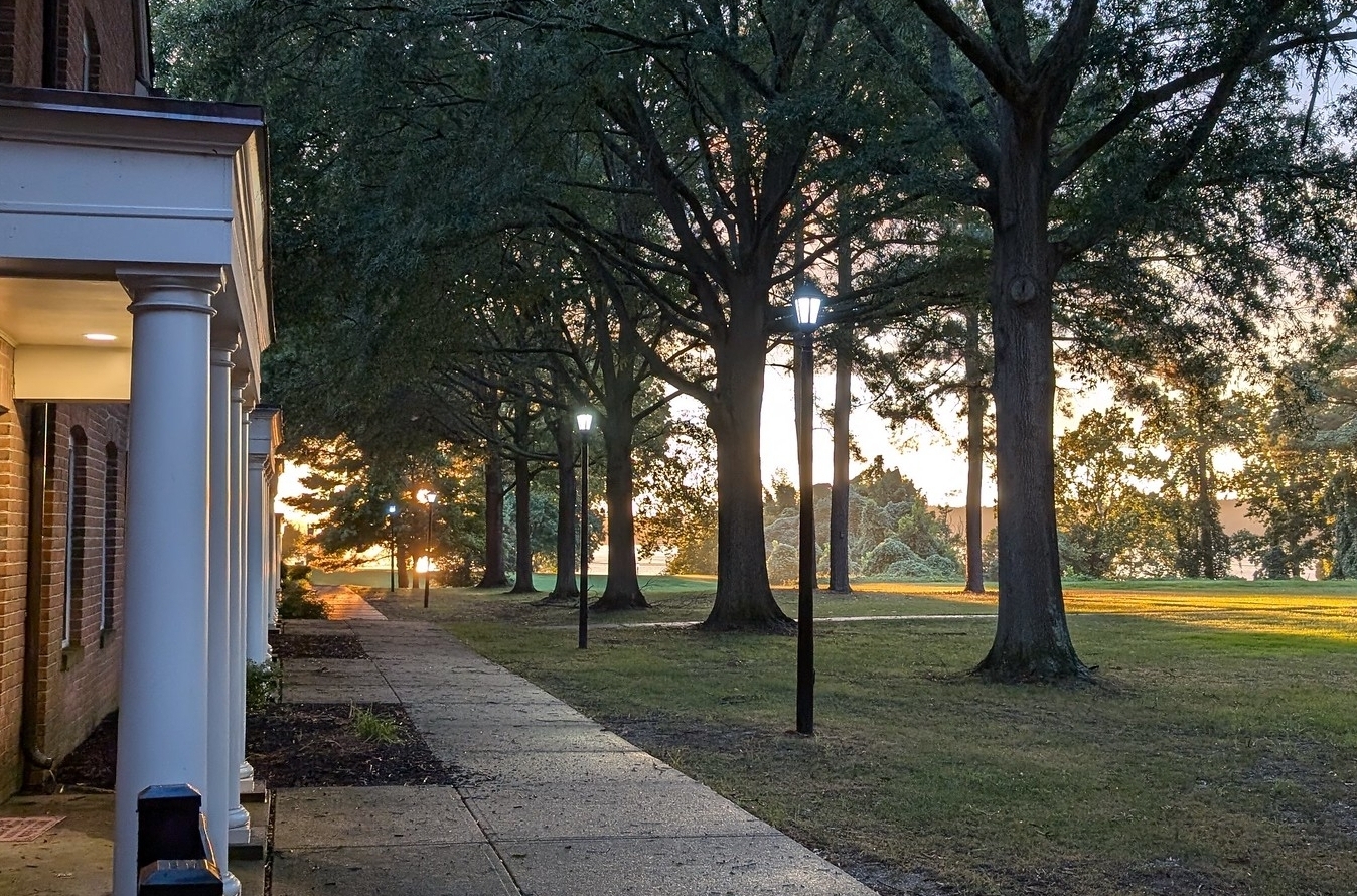 A brick building with white columns is next to a sidewalk lined with trees and lampposts at sunset, with sunlight filtering through the branches.