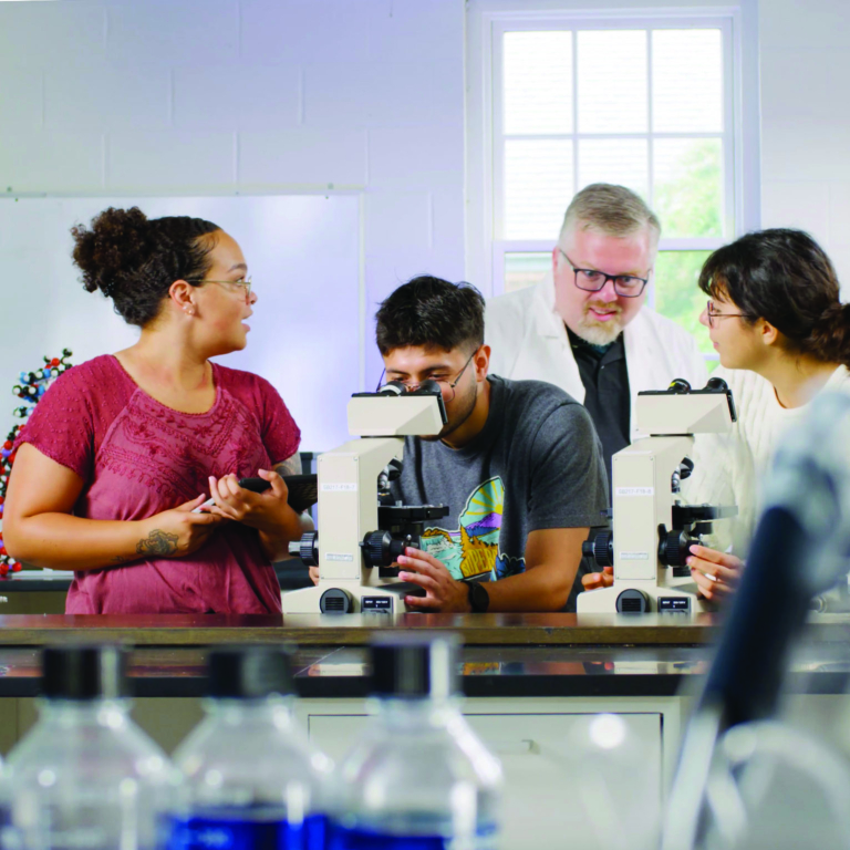 Four people in a laboratory use microscopes and have a discussion; laboratory equipment and bottles are visible in the foreground.