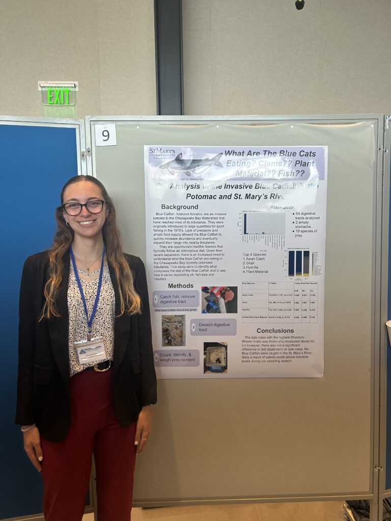 A woman stands next to a scientific poster titled "What Are The Blue Cats Eating: Clams? Plant Matter? Fish?" at a research presentation event.