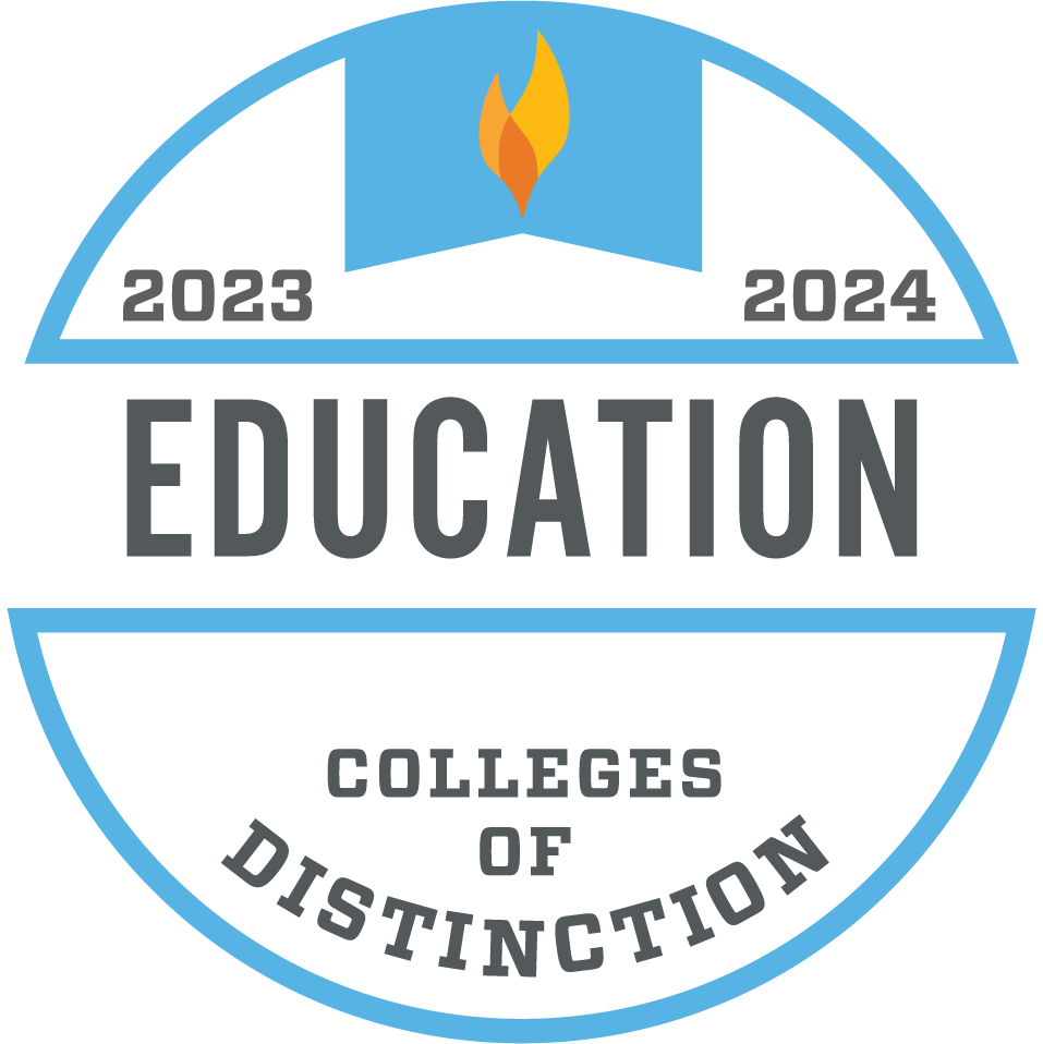 Badge displaying "Education 2023-2024" and "Colleges of Distinction" with a flame icon on a blue and white background.