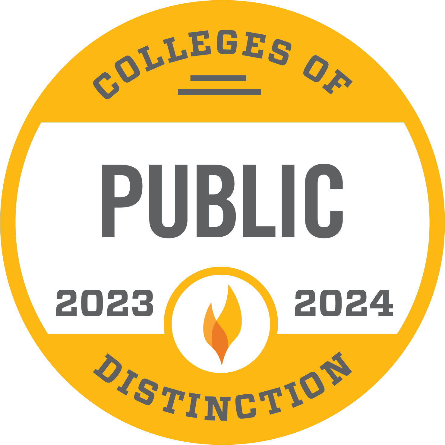 Circular badge with "Colleges of Distinction" at the top. "Public" in large letters in the center. "2023" and "2024" on either side with a flame icon below.