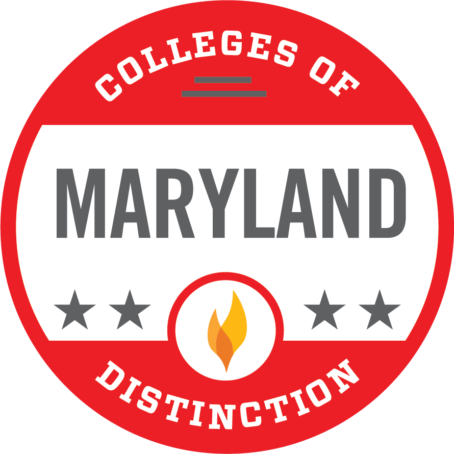 Red circular badge with the text "Colleges of Distinction" and "Maryland." Features three gray stars and a flame symbol at the bottom.