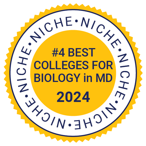 Accolades_2023-24_Niche_Best Colleges for Biology in Maryland_Gold Gold badge with text: "#4 Best Colleges for Biology in MD, 2024," surrounded by "Niche" in a circular pattern.