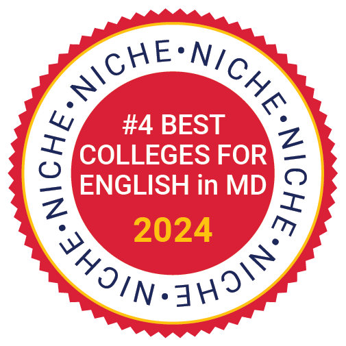 Accolades_2023-24_Niche_Best Colleges for English in Maryland_Red Red and gold badge labeled "Niche," stating "#4 Best Colleges for English in MD, 2024.